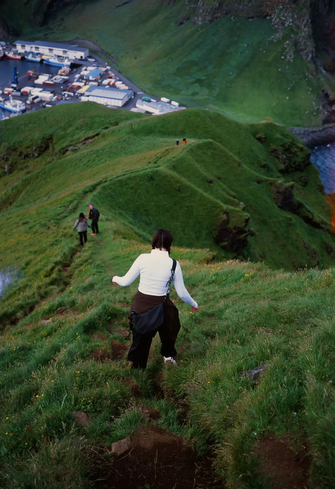 Hikers descending a grassy ridge above a harbour town in the Westman Islands